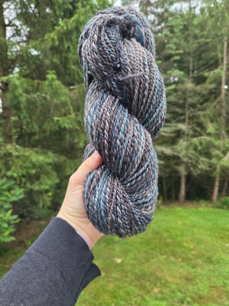 a large skein of handspun yarn, held up against a background of green trees and grass; the yarn is a variety of muted greys and blues